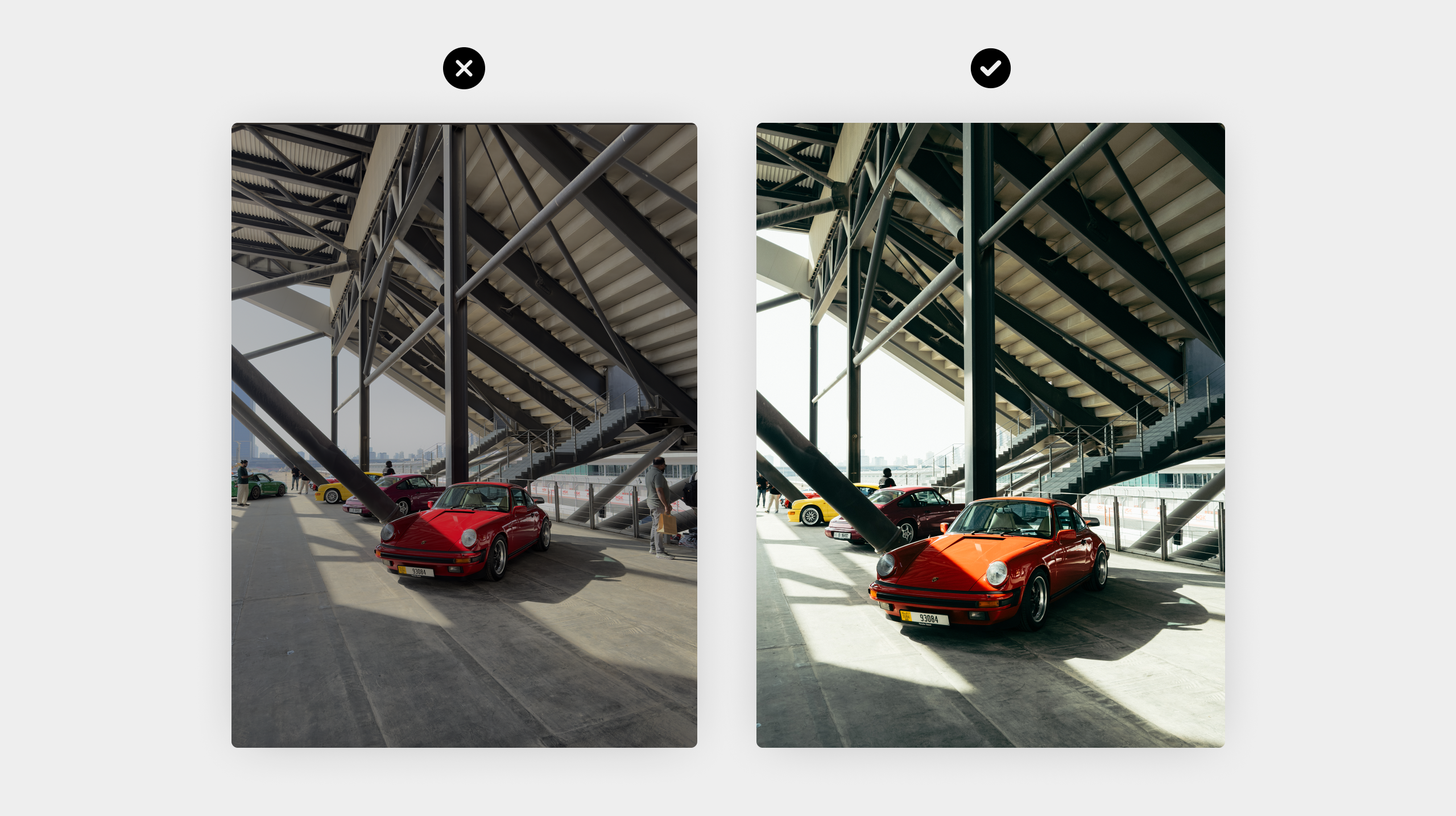 Comparison marked wrong and right: a flat, dull edit of a red classic Porsche beside a richer, contrast-boosted version