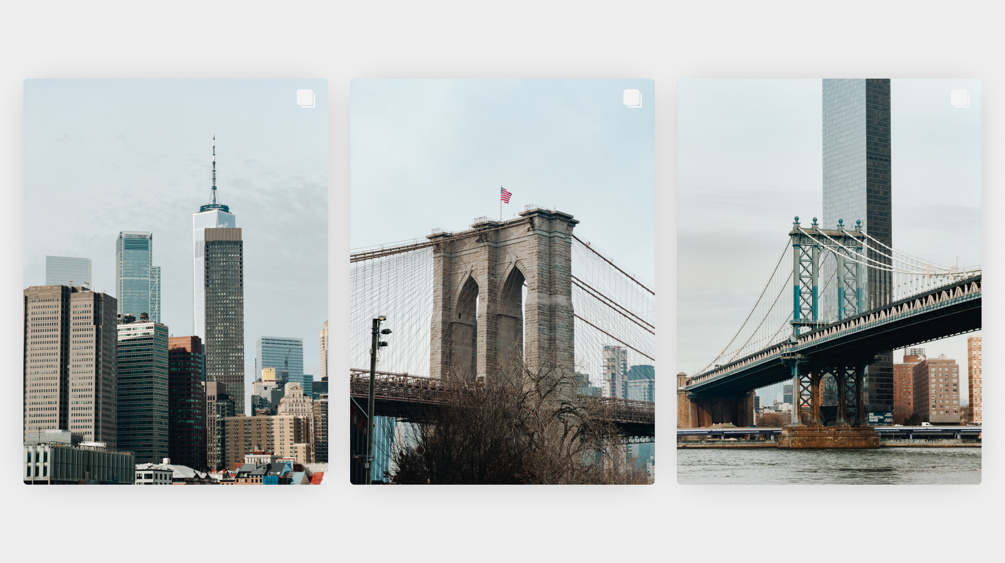 Grid of three New York photos - skyline, Brooklyn Bridge, Manhattan Bridge - in a matching style