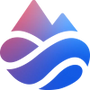 Rent hav logo - i sjatteringer fra rosa til blått med i dråpeform med fjell og hav i.