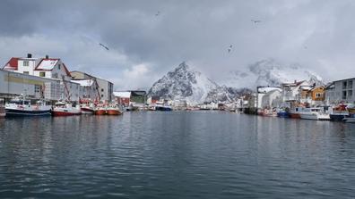 Henningsvær harbour with piers and mountains.