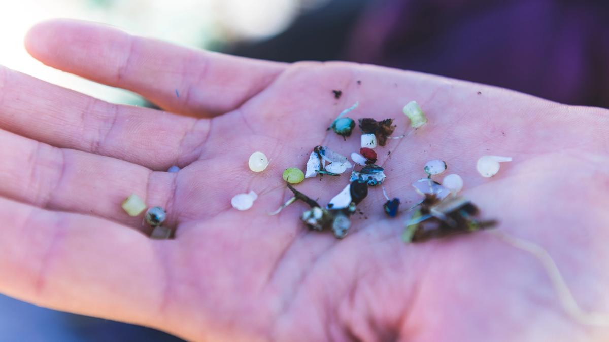 A hand shows micro plastic and pellets.