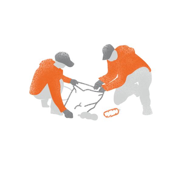Graphic illustration of clean-up personell in orange clothing.