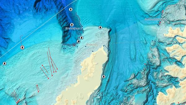 Kartbilde med Andøya og havområdene rundt med dybderelieff og visning av satte bruk og tapte redskaper.
