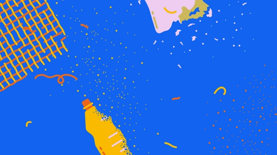 Graphic illustration of macroplastics and microplastics in the ocean.