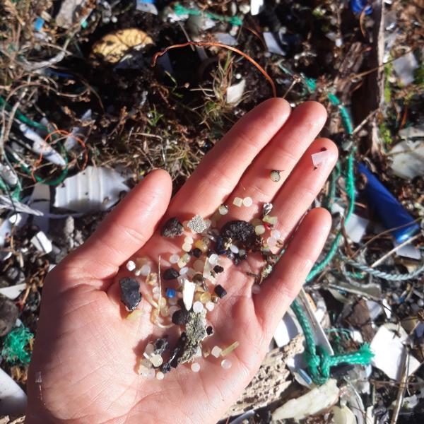 En hånd viser frem småplast og pellets, med en forsøpling strand i bakgrunnen.