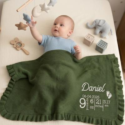 Baby lying on a forest green blanket with personalized text, surrounded by toys on a light-colored surface.