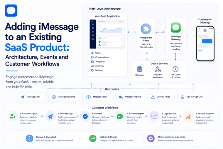 Minimal blog banner showing iMessage integration with an existing SaaS product, illustrating messaging workflows, application connectivity, and customer communication through a simple architecture overview.