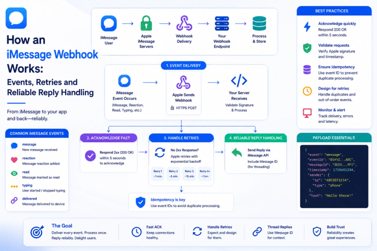 Technical blog banner illustrating how an iMessage webhook works, showing event delivery, webhook endpoint processing, retries, acknowledgment flow, reliable reply handling, common iMessage events, payload structure, and webhook best practices for business messaging integrations.