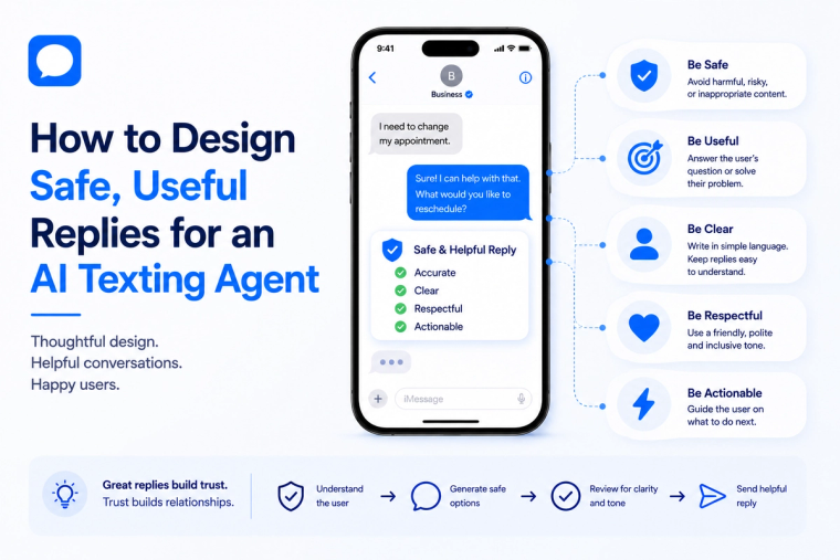 Minimal blog banner illustrating an AI texting agent providing safe, clear, respectful, and helpful responses, highlighting best practices for designing reliable customer conversations.