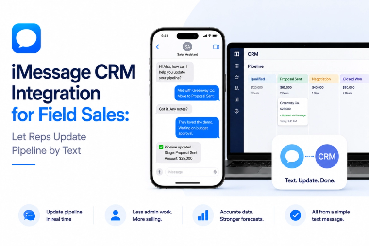 Minimal blog banner showing iMessage CRM integration for field sales, with a sales representative updating a CRM pipeline through a simple text message.