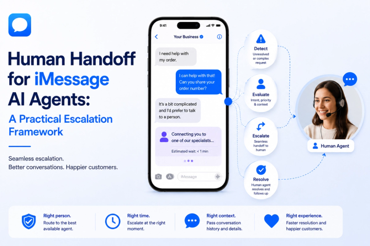Minimal blog banner illustrating human handoff for iMessage AI agents, showing an AI conversation seamlessly escalating to a human support agent for complex customer queries and improved service.