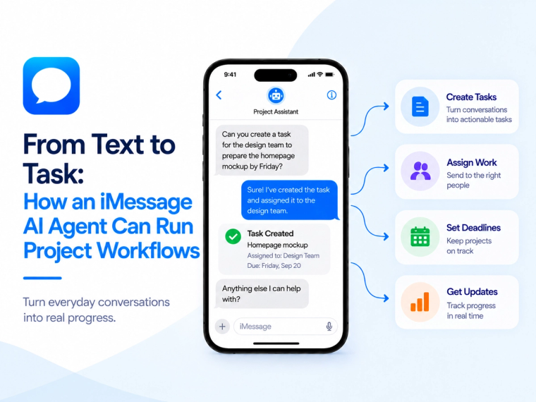 Minimal blog banner showing an iMessage AI agent turning a text request into a project task, highlighting simple task management through messaging.