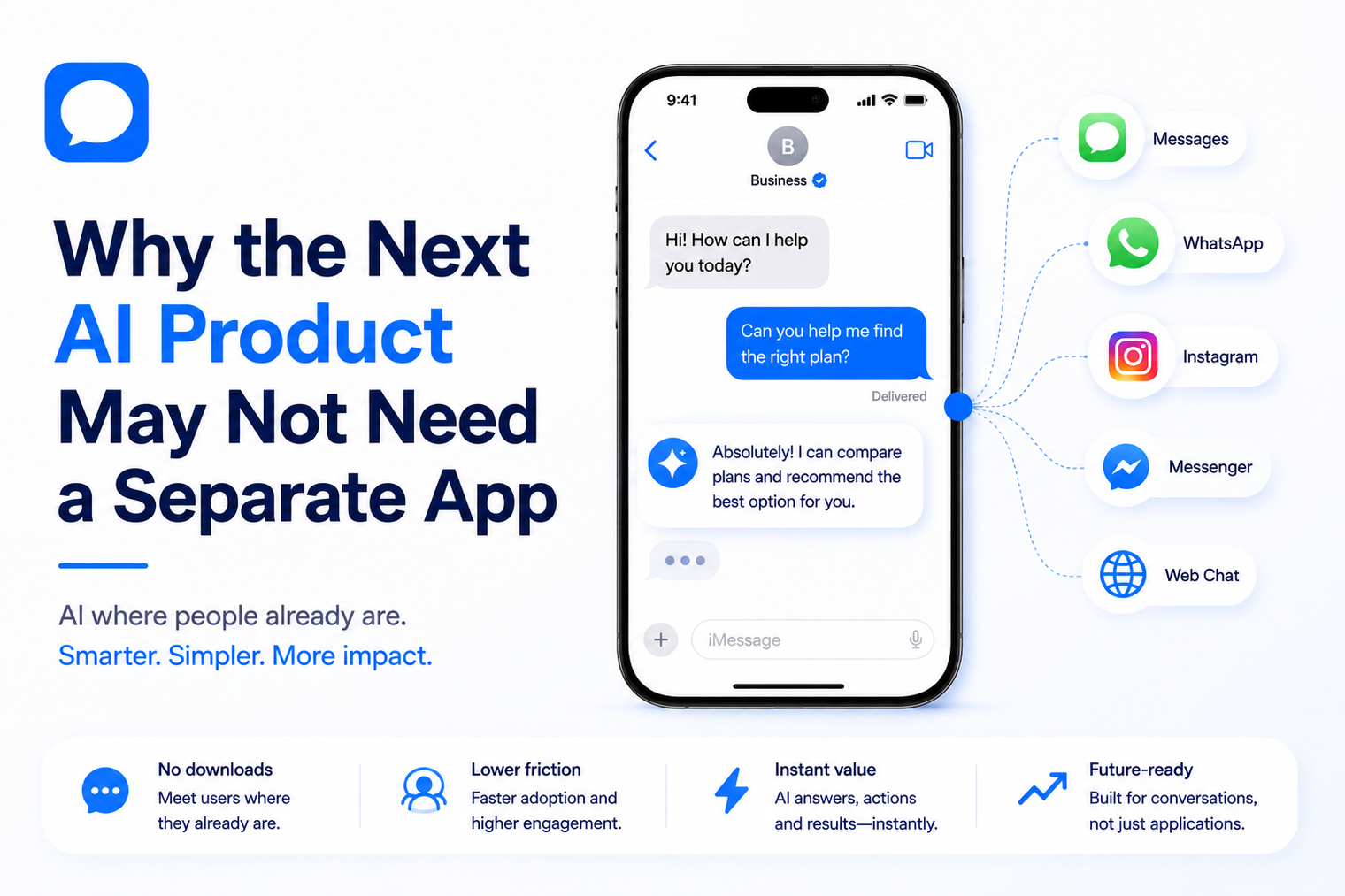 Minimal blog banner showing an AI assistant inside a messaging app, illustrating how future AI products can deliver value through existing messaging platforms without requiring a separate mobile app.