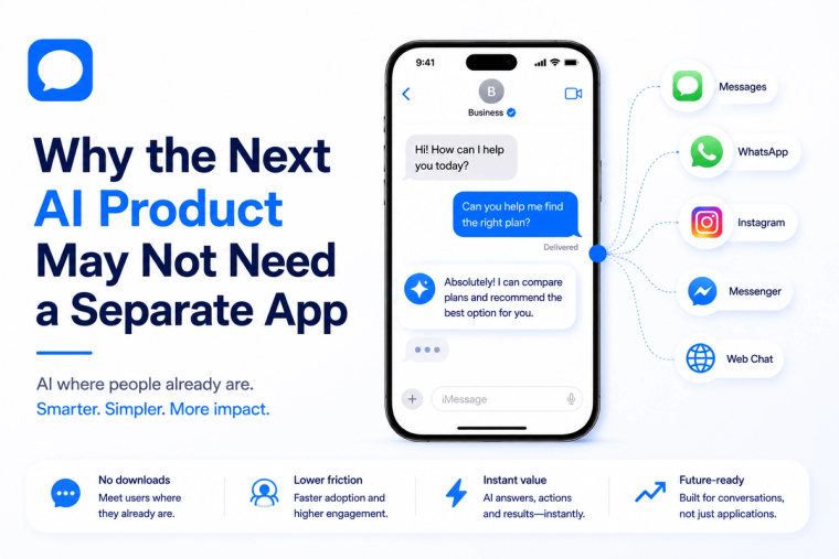 Minimal blog banner showing an AI assistant inside a messaging app, illustrating how future AI products can deliver value through existing messaging platforms without requiring a separate mobile app.