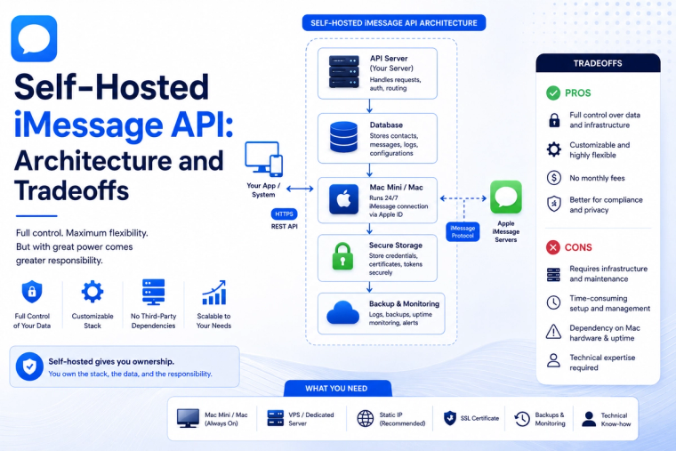 Blog banner illustrating self-hosted iMessage API architecture with server, database, Mac, secure storage, and monitoring components, alongside a comparison of deployment tradeoffs including control, customization, infrastructure, maintenance, and scalability.