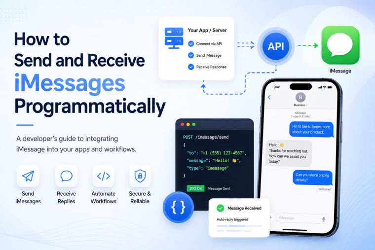 Modern technology blog banner showing how to send and receive iMessages programmatically using an API, featuring a smartphone with iMessage conversations, API integration flow, server connection, code snippet, messaging automation icons, and the title "How to Send and Receive iMessages Programmatically" on a clean blue and white background.