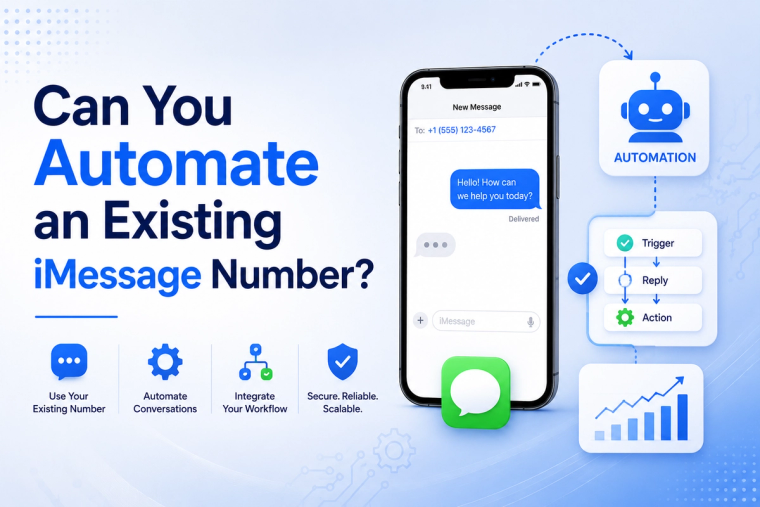 Blog banner illustrating automation of an existing iMessage number with an iPhone, messaging workflow, chatbot, and automation icons, highlighting conversation automation, workflow integration, scalability, and secure iMessage API communication.