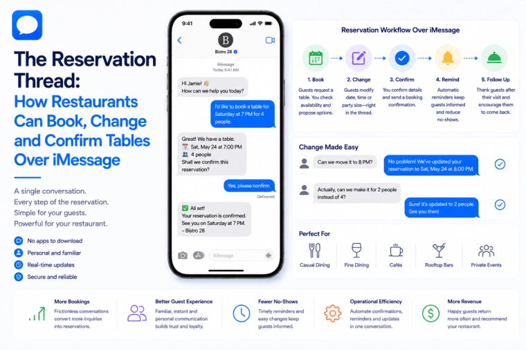 Minimal blog banner showing a restaurant reservation conversation over iMessage, covering table booking, reservation changes, confirmations, reminders, and follow-ups.
