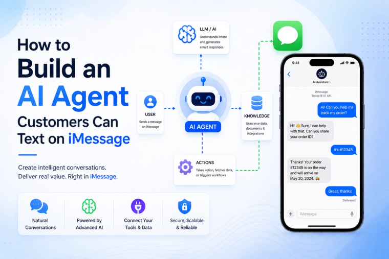 Modern technology blog banner illustrating how to build an AI agent that customers can text on iMessage, featuring an AI assistant workflow, iMessage conversation on a smartphone, knowledge base, automation, AI processing, and integration icons on a clean blue and white background with the title "How to Build an AI Agent Customers Can Text on iMessage."