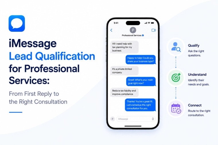 Minimal blog banner showing iMessage lead qualification for professional services, with an AI chat screening a prospect and guiding them toward the right consultation.