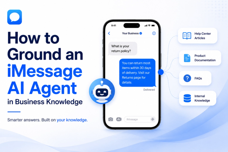 Minimal blog banner showing an iMessage AI agent connected to business knowledge sources such as documentation, FAQs, and help articles to deliver accurate, context-aware customer responses.