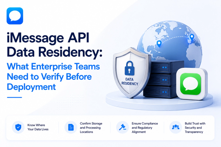 Minimal blog banner illustrating iMessage API data residency, with a secure server, globe, shield, and messaging icon representing data location, privacy, and enterprise deployment verification.