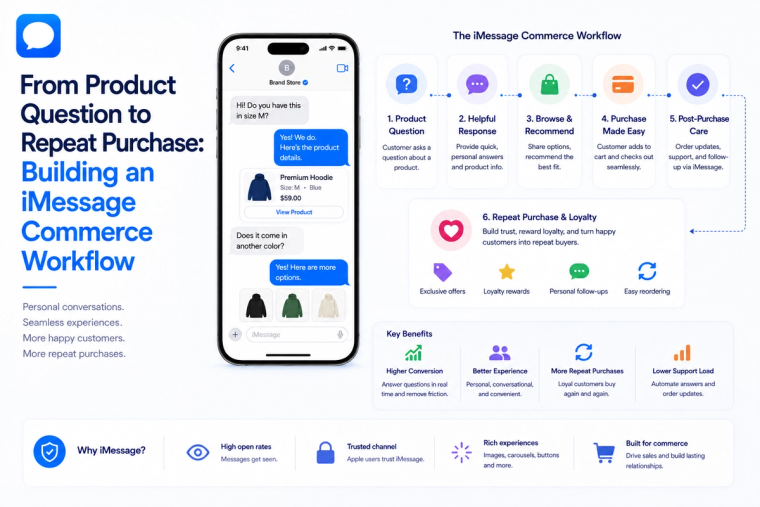 Minimal blog banner showing an iMessage commerce workflow from product questions and recommendations to purchase, post-purchase support, and repeat buying.