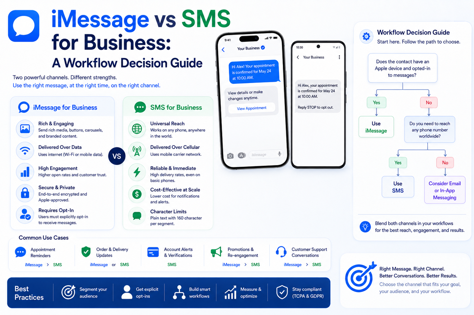 Business messaging comparison banner showing iMessage vs SMS with feature comparison, workflow decision guide, phone mockups, use cases, and messaging channel selection for customer communication, notifications, and business engagement.