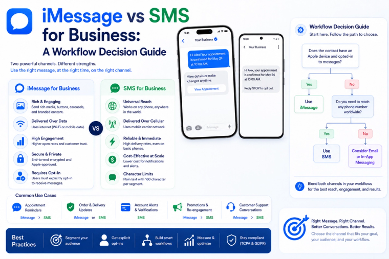 Business messaging comparison banner showing iMessage vs SMS with feature comparison, workflow decision guide, phone mockups, use cases, and messaging channel selection for customer communication, notifications, and business engagement.