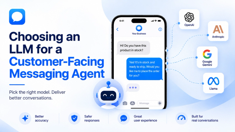 Minimal blog banner illustrating the selection of an LLM for a customer-facing messaging agent, showing AI model options connected to a business chat interface for delivering accurate and reliable customer conversations.