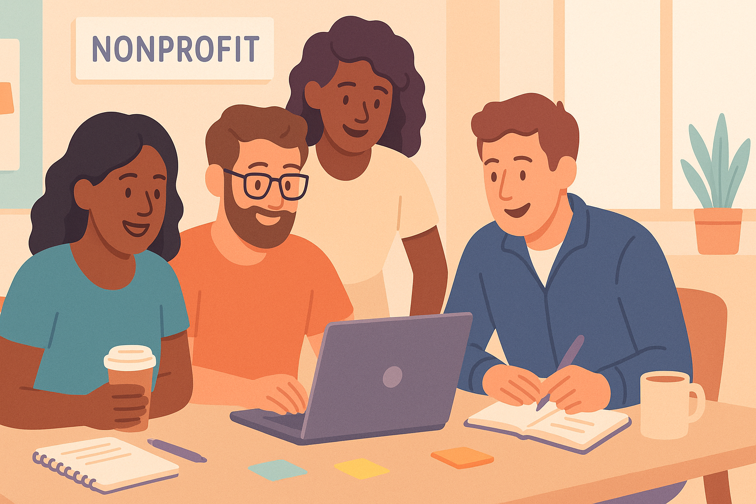 Nonprofit team gathered around laptop reviewing grant management software options with coffee cups and notepads