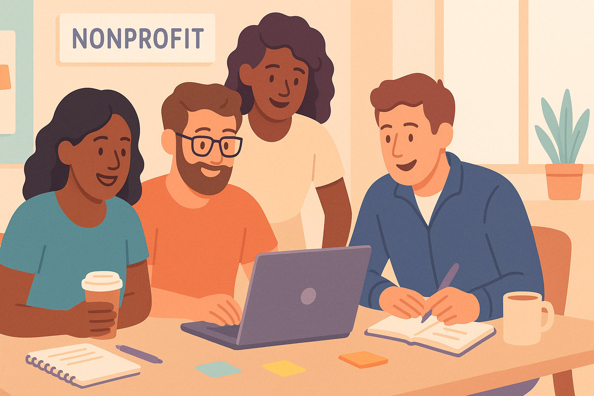 Nonprofit team gathered around laptop reviewing grant management software options with coffee cups and notepads