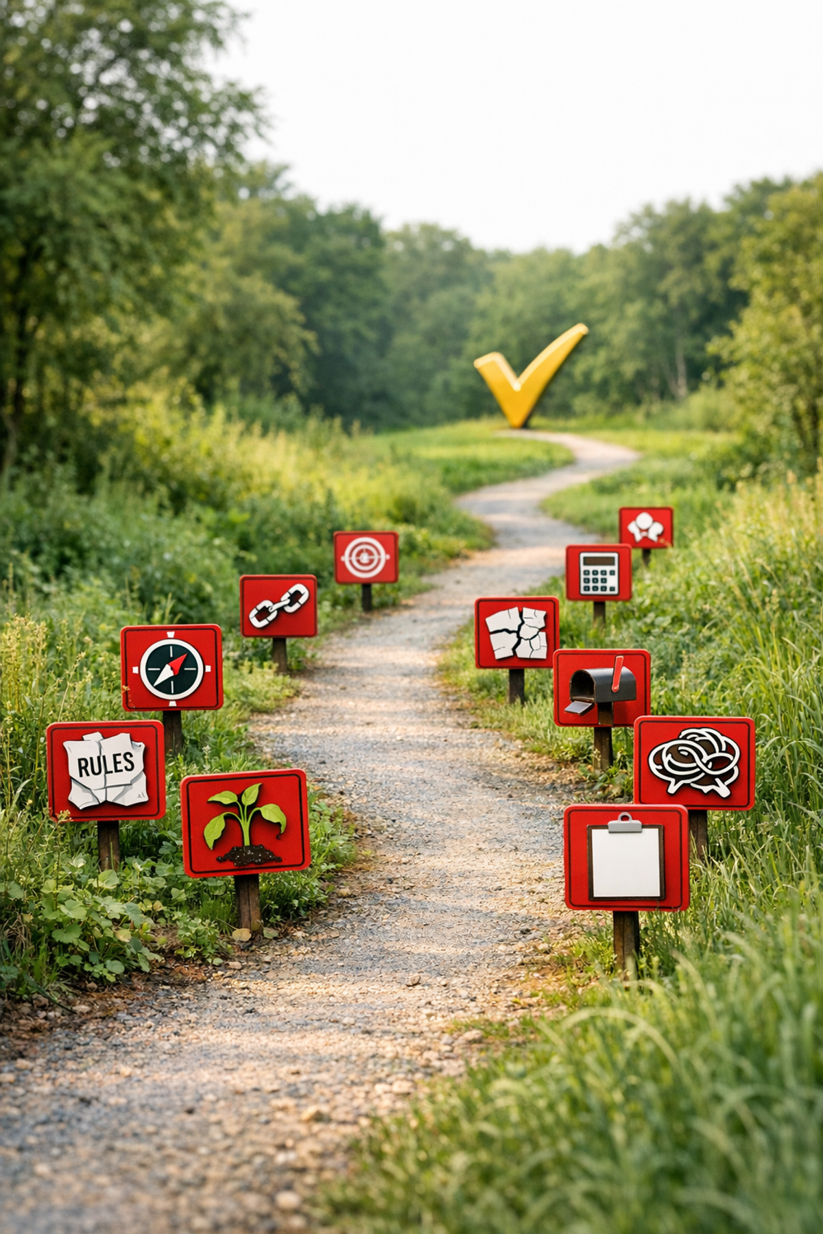 Ten common grant proposal mistakes illustrated as numbered warning signs on a path