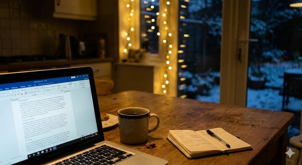 Grant writer working at kitchen table with laptop, coffee, and notebook, holiday lights glowing in the window with snow falling outside