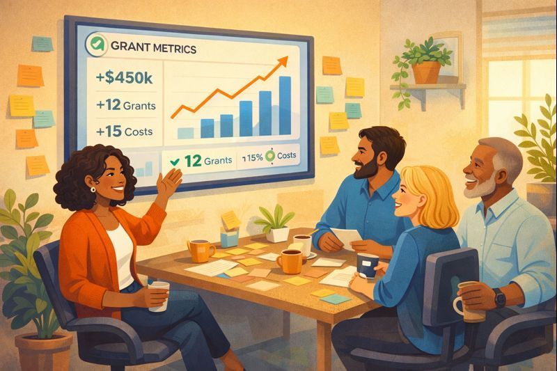 Alt text: Nonprofit team collaborating around grant management dashboard showing positive progress metrics
