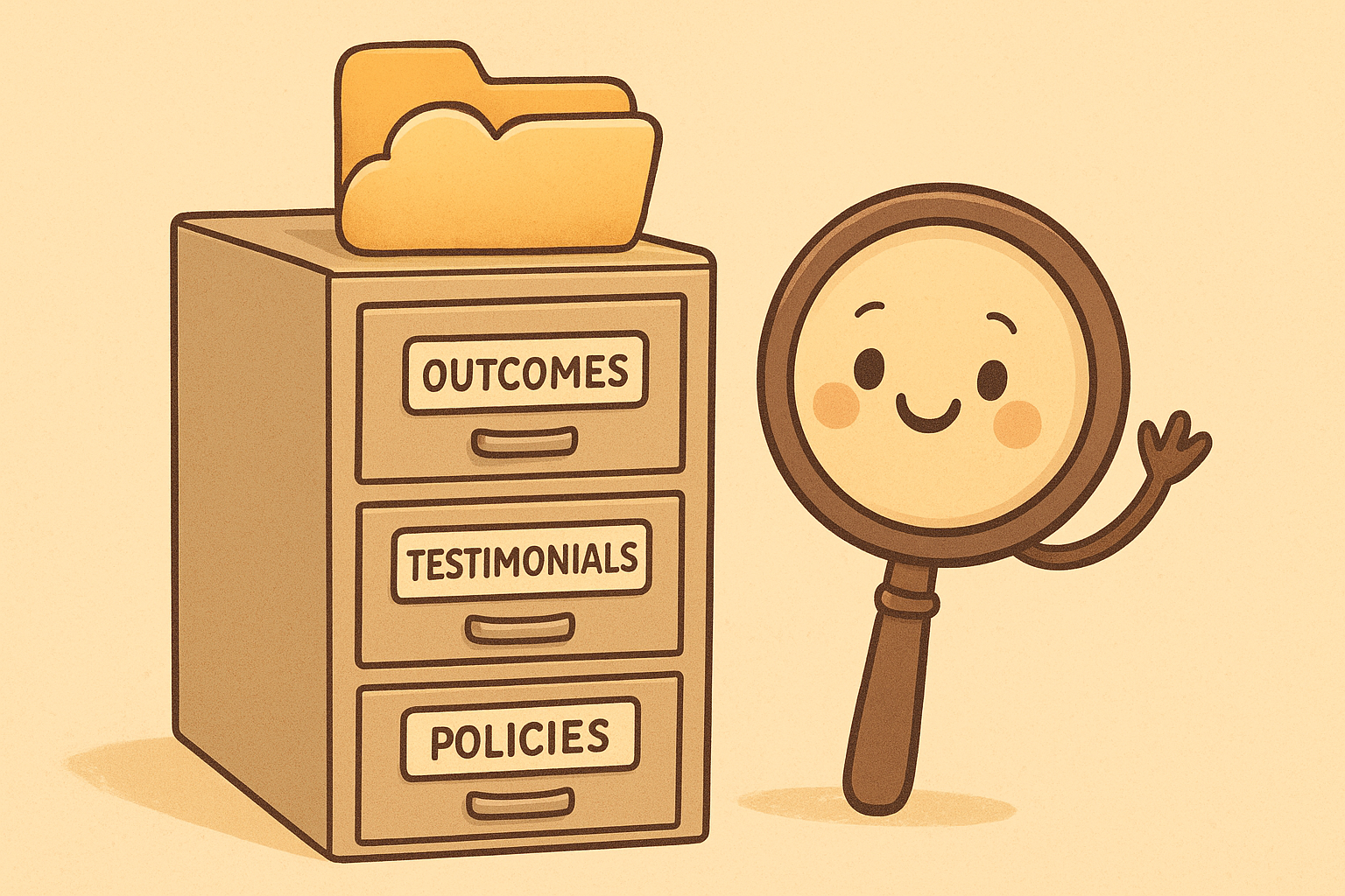 Cartoon-style 'Evidence Locker' concept: a labeled file cabinet with organized program data, outcomes, and reusable narrative snippets.