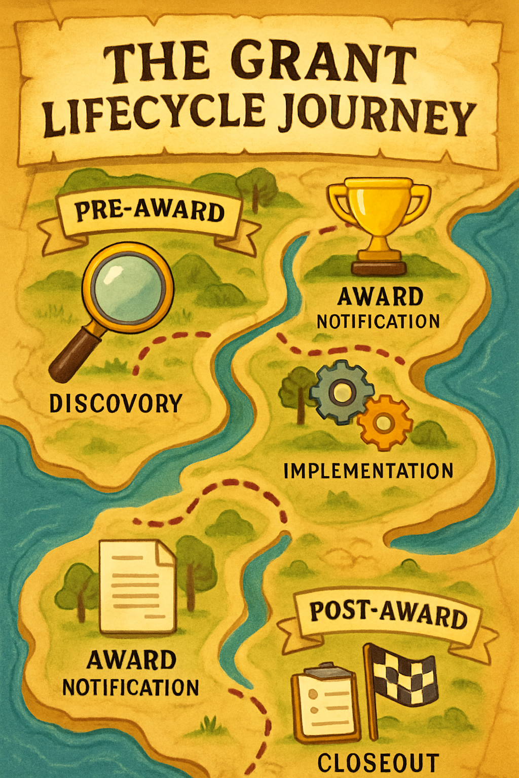 Illustrated treasure map showing the complete grant lifecycle journey from discovery to closeout with milestone markers