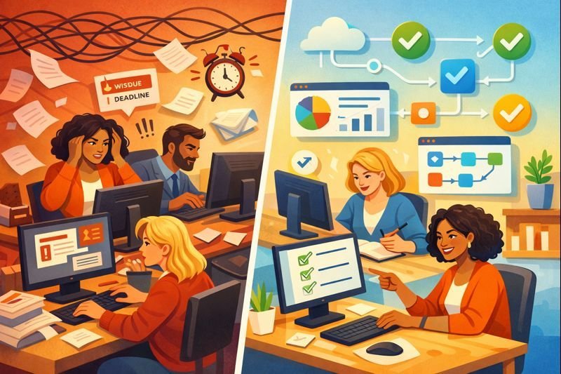 Split illustration showing grant management transformation from chaotic spreadsheets to organized dashboard system
Infographic showing grant lifecycle management phases: discovery, application, implementation, and closeout with team collaboration elements