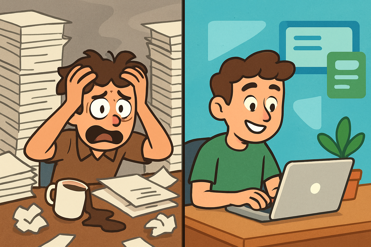 Split-screen comparison showing a frustrated grant writer buried in papers versus a happy grant writer using modern software on a laptop