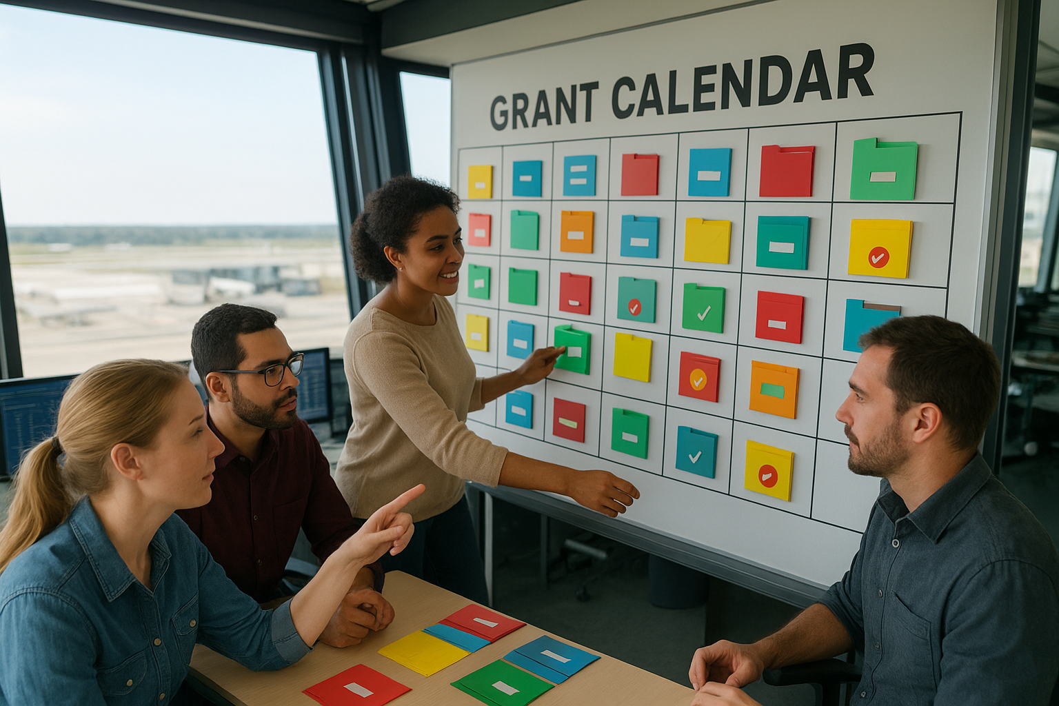 Illustration of a nonprofit team running a grant calendar like an air-traffic control tower (organized, not chaotic).