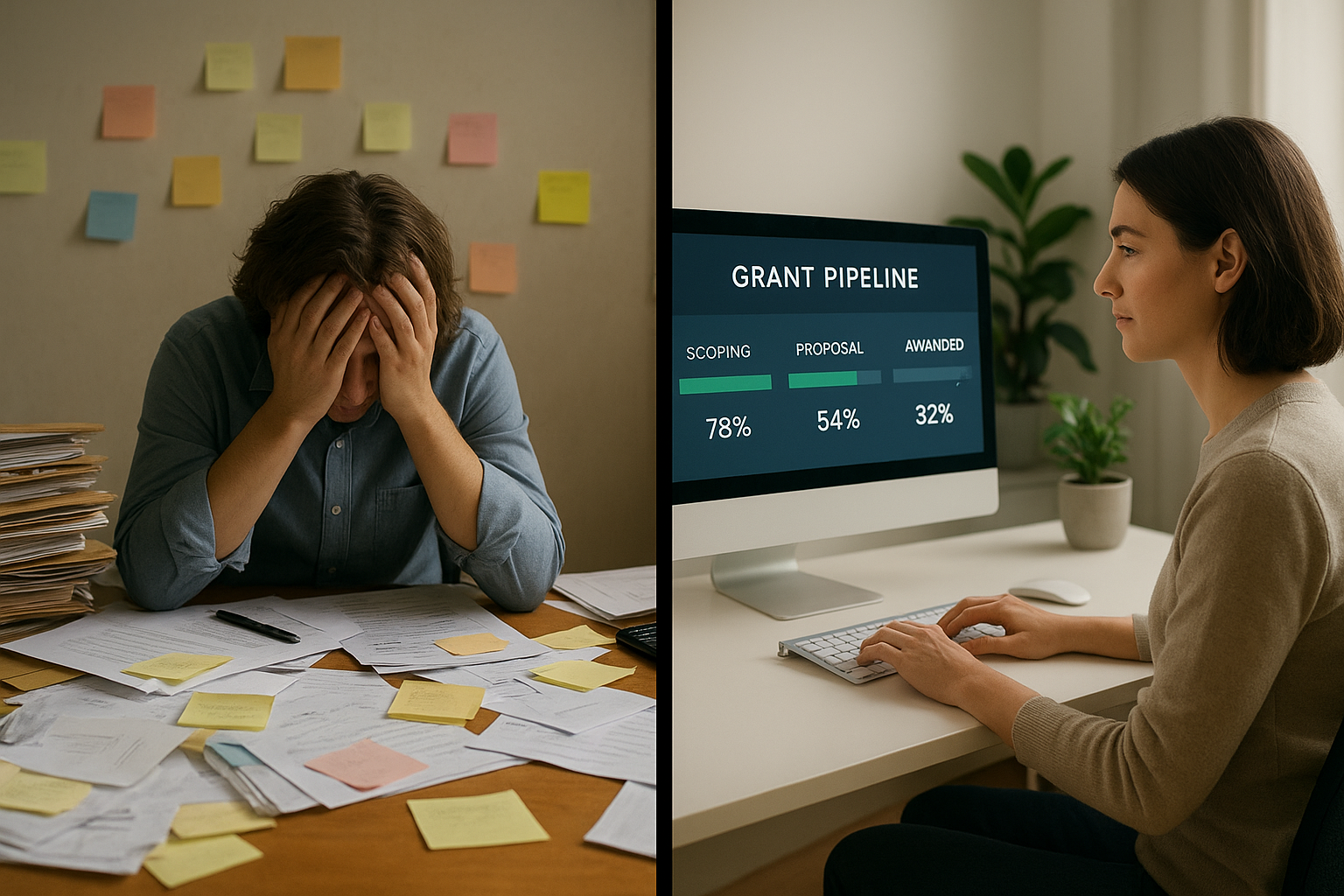 Split illustration comparing a messy desk with scattered papers versus an organized grant management dashboard on a computer screen