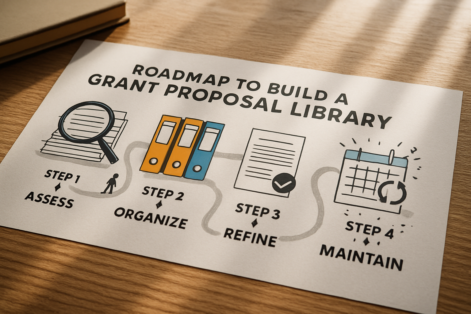 Step-by-step visual roadmap for implementing grant proposal library software system