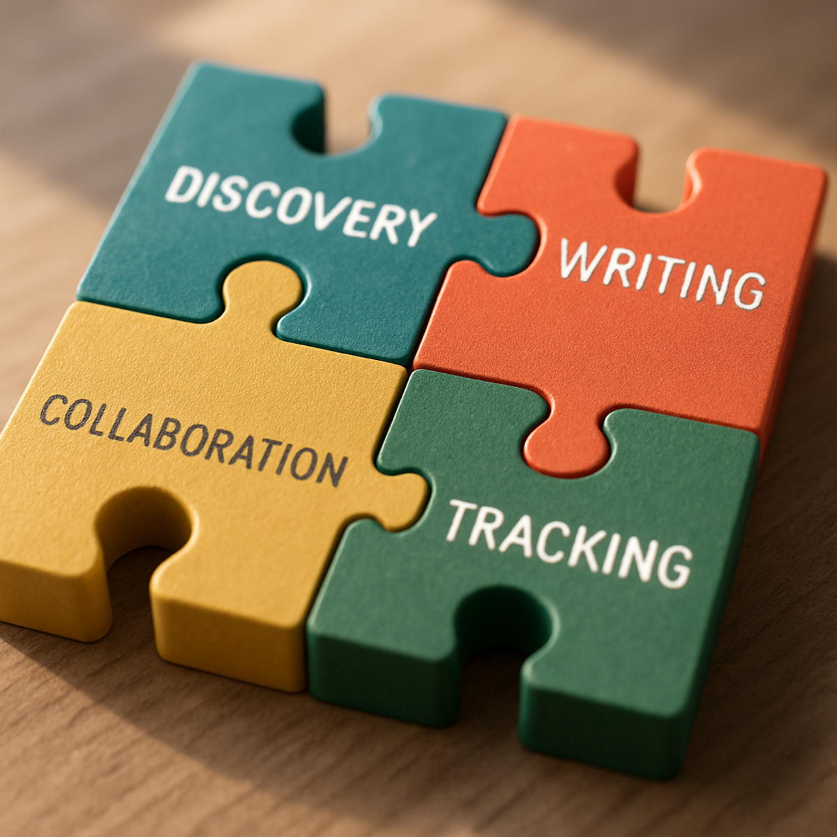Illustration showing different types of grant software tools as puzzle pieces fitting together—discovery, writing, collaboration, and tracking