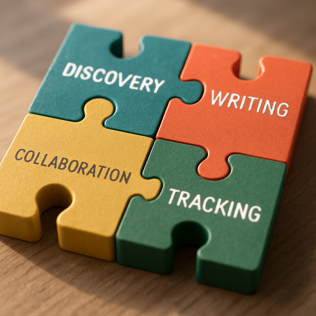 Illustration showing different types of grant software tools as puzzle pieces fitting together—discovery, writing, collaboration, and tracking