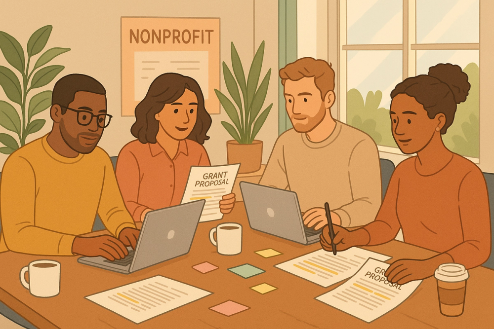 Nonprofit team members collaborating on a grant proposal around a conference table with laptops, documents, and coffee cups