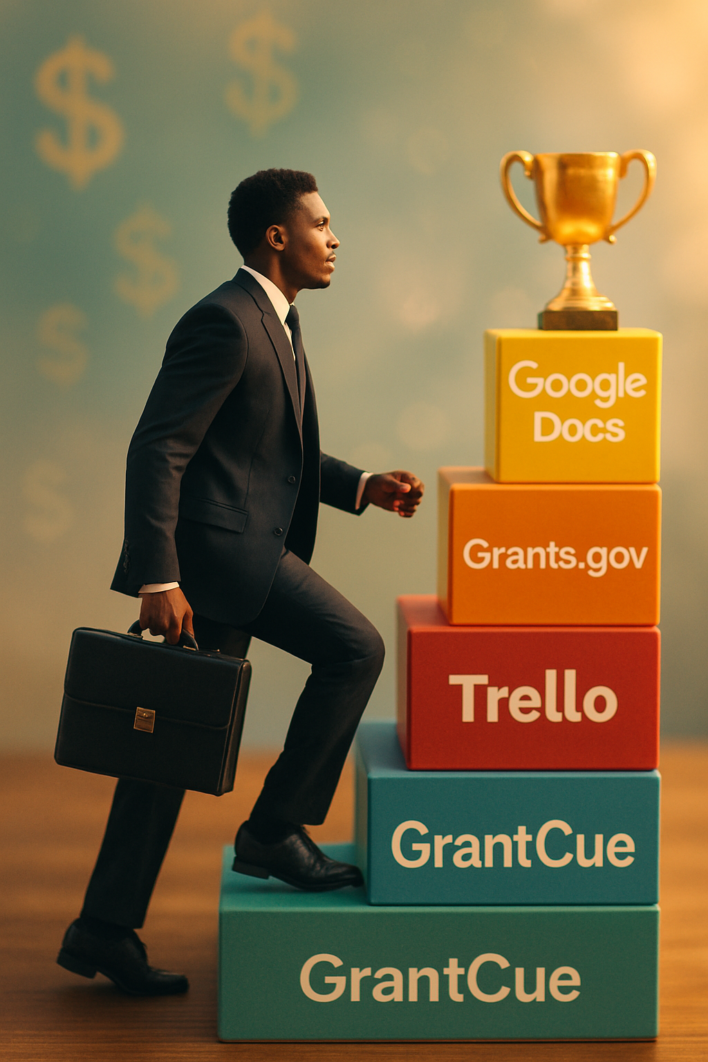 Illustration of a confident nonprofit professional climbing a staircase made of building blocks labeled with free tools leading up to a trophy representing grant success