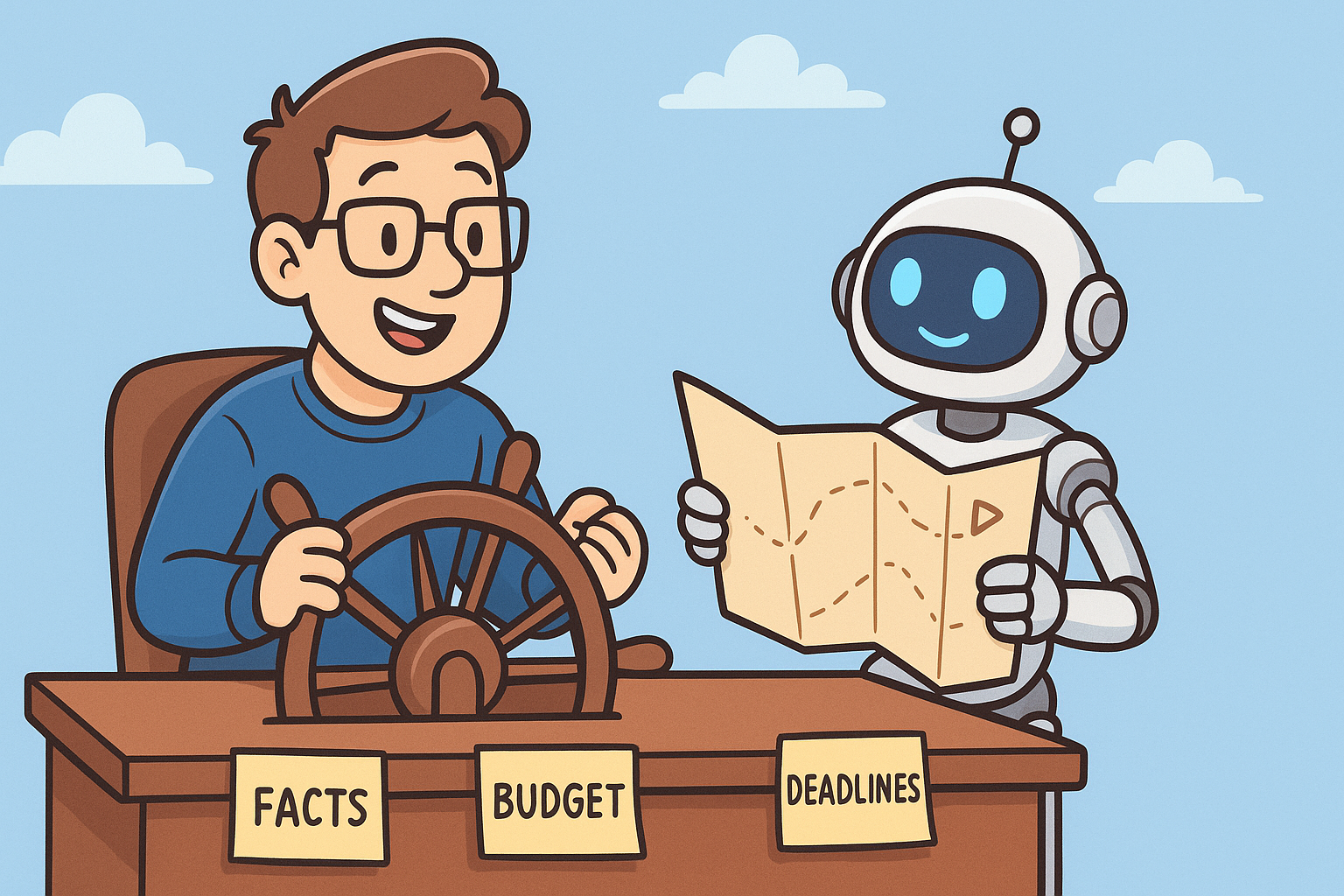 Cartoon-style visual of an AI co-pilot helping a grant writer while the human stays in control