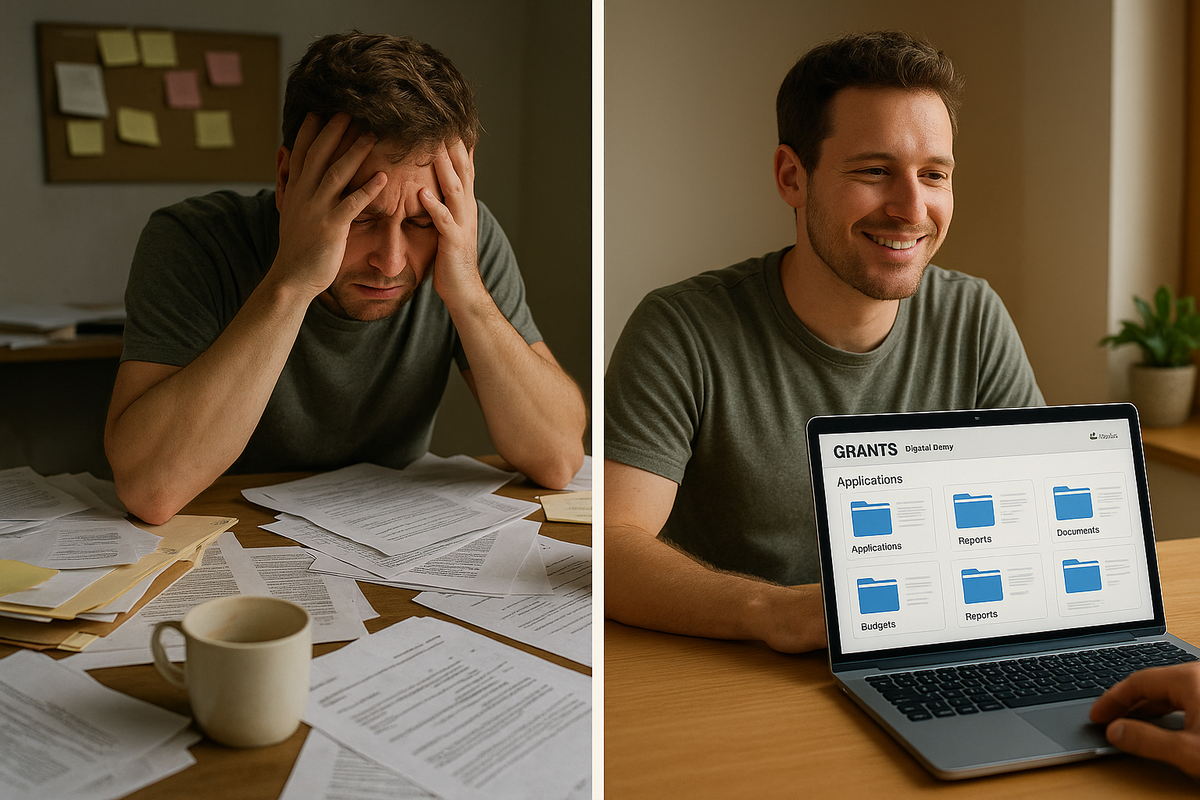 Nonprofit professional overwhelmed by scattered grant documents and sticky notes transforming into organized digital library