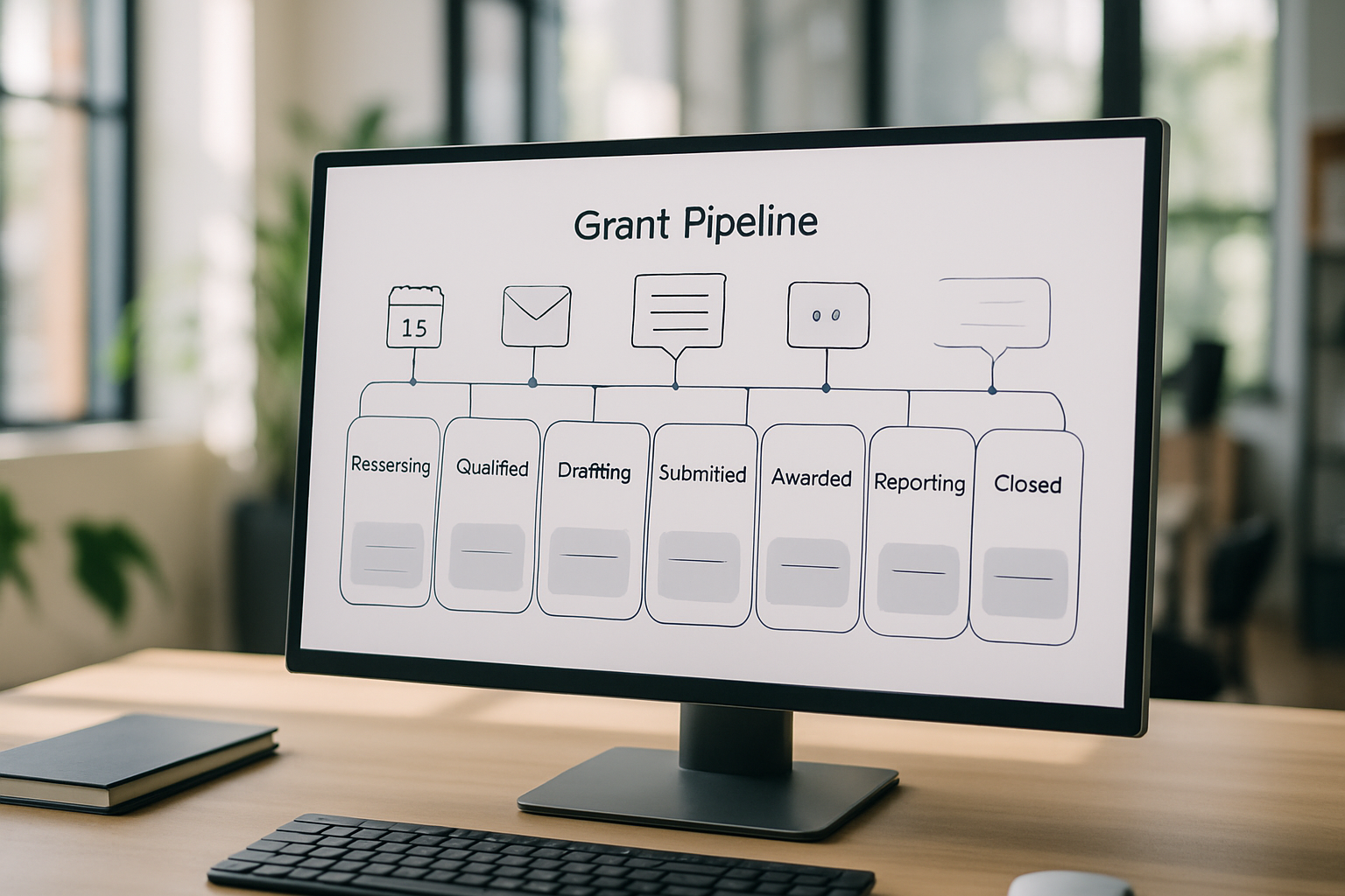 Graphic showing a grant pipeline board connected to a synced grant calendar and notification icons.