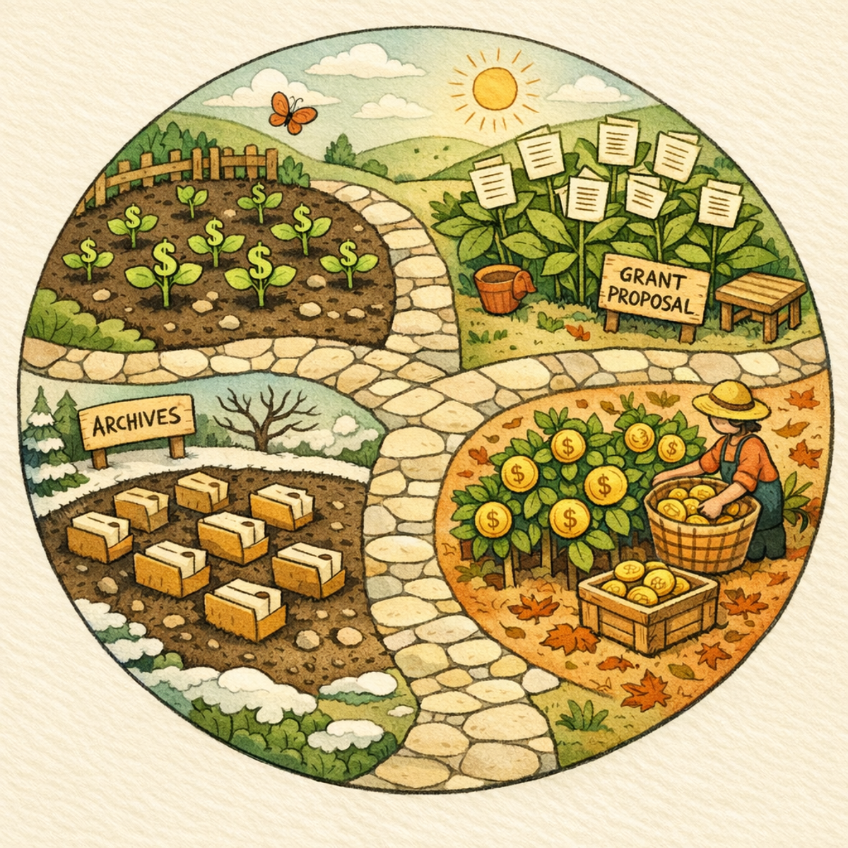 Conceptual illustration of the grant lifecycle shown as a circular garden with different growing phases